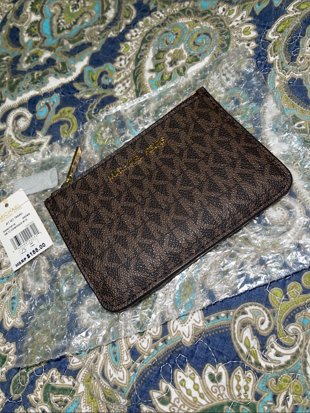 Michael Kors Brown Signature Zip Card Pouch with Gold Logo